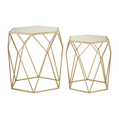 Orsina Set Of 2 Hexagonal Mirrored Top Side Tables,nesting Tables With Champagne Finish,decorative Accent Tables - image 1