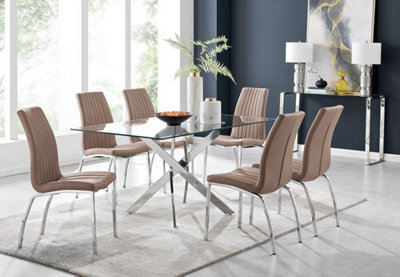 Furniturebox Uk Leonardo Glass And Chrome Metal Dining Table And 6 Cappuccino Beige Isco Faux Leather Chairs - image 1