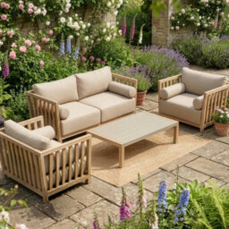 Dibor 4-Piece Wooden Outdoor Garden Sofa Set Natural Wood Patio Furniture With Cushions And Coffee Table - thumbnail 3