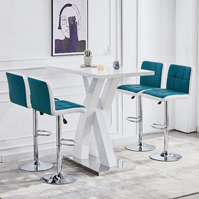 Furniture in Fashion Axara White High Gloss Bar Table With 4 Copez Teal White Stools - image 1