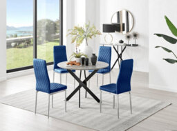 Furniturebox Uk Novara Grey Concrete Effect Black Leg Round Dining Table & 4 Navy Velvet Milan Chairs