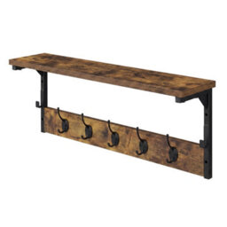 Levede Coat Rack Wall Mounted Shelf 7 Hooks Wooden Entryway Storage Brown - thumbnail 2