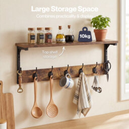 Levede Coat Rack Wall Mounted Shelf 7 Hooks Wooden Entryway Storage Brown - thumbnail 6