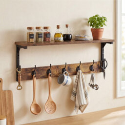 Levede Coat Rack Wall Mounted Shelf 7 Hooks Wooden Entryway Storage Brown - thumbnail 1