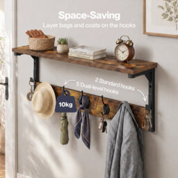 Levede Coat Rack Wall Mounted Shelf 7 Hooks Wooden Entryway Storage Brown - thumbnail 5
