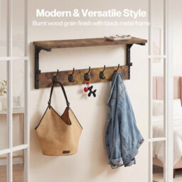 Levede Coat Rack Wall Mounted Shelf 7 Hooks Wooden Entryway Storage Brown - thumbnail 8
