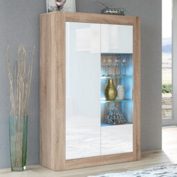 Creative Furniture Arcadia Display Cabinet 140Cm - Oak & White Gloss Doors And Led Lights - thumbnail 1