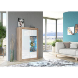 Creative Furniture Arcadia Display Cabinet 140Cm - Oak & White Gloss Doors And Led Lights - thumbnail 2