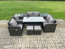 Fimous Wicker Pe Rattan Furniture Garden Dining Set Outdoor Height Adjustable Rising Lifting Table Love Sofa Chair - thumbnail 1