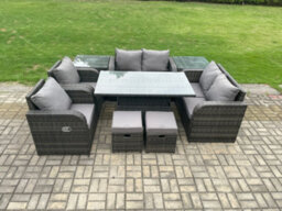 Fimous Wicker Pe Rattan Furniture Garden Dining Set Outdoor Height Adjustable Rising Lifting Table Love Sofa Chair - thumbnail 2
