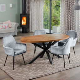 Dosenna Oval Dining Table Set With 4 Carrara Velvet Chairs - Silver - thumbnail 1