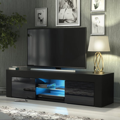 Loom Tv Unit 130Cm Black With High Gloss Doors And Led Lighting - Creative Furniture - image 1