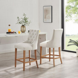 Furniturebox Uk 2X Belgravia Beige Fabric Bar Chairs Oak Effect Legs - thumbnail 1