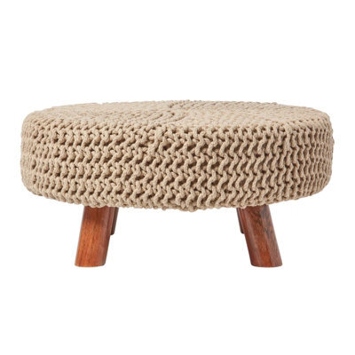 Homescapes Linen Large Round Cotton Knitted Footstool On Legs - image 1