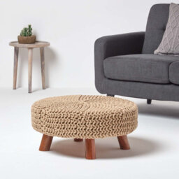 Homescapes Linen Large Round Cotton Knitted Footstool On Legs - thumbnail 2