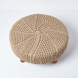 Homescapes Linen Large Round Cotton Knitted Footstool On Legs - thumbnail 3