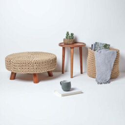 Homescapes Linen Large Round Cotton Knitted Footstool On Legs - thumbnail 6