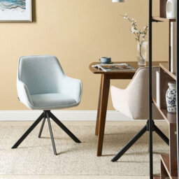Wyld And Coco Swivel Dining Chair In Light-Blue Faux-Linen Upholstery With Armrests And Iron Legs - thumbnail 2