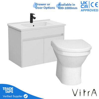Vitra 800mm Wall Hung Bathroom Vanity Unit With 2 Doors Includes Basin, Black Tap And Back To Wall Toilet - White Gloss - image 1