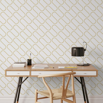 Muriva Metallic Gold White Linear Curve Wavey Lines Minimalist Feature Wallpaper - image 1