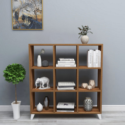 Urbn-Living Urbnliving 101Cm Height Walnut 9 Cube Square Bookcase With Legs Cabinet Storage Shelving Display Wood Shelf - image 1