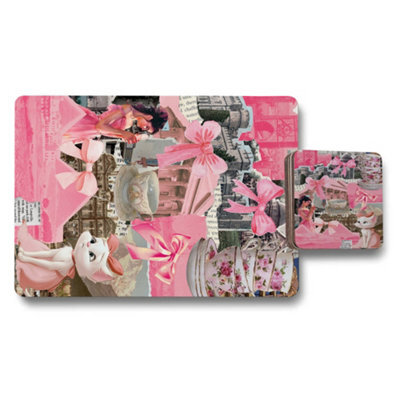 Benjamin Tate Design Pink Couture Placemat And Coaster Set With Wood Backing In Trend Designer Artwork Limited Edition - image 1