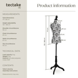 Tectake Tailors Dummy - Female Mannequin Torso With Wooden Stand Female - Black/white Floral Pattern - thumbnail 6