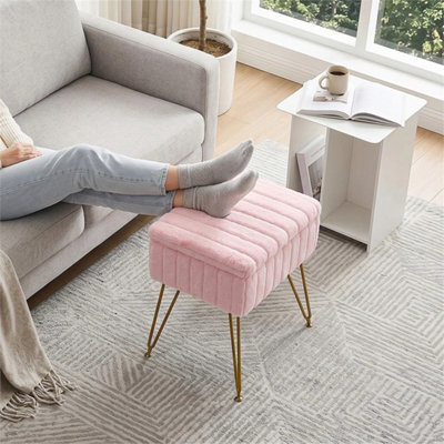 Pink Dressing Table Stool With Storage Ottoman Seat W/gold Metal Legs - image 1