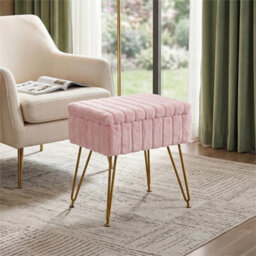 Pink Dressing Table Stool With Storage Ottoman Seat W/gold Metal Legs - thumbnail 3