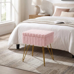 Pink Dressing Table Stool With Storage Ottoman Seat W/gold Metal Legs - thumbnail 5