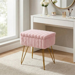 Pink Dressing Table Stool With Storage Ottoman Seat W/gold Metal Legs - thumbnail 4