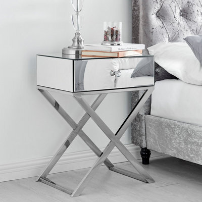 Furniturebox Celeste Single Drawer Mirrored Bedside Table With Silver Chrome Cross Legs - image 1