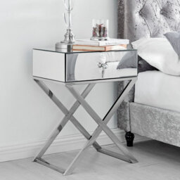 Furniturebox Celeste Single Drawer Mirrored Bedside Table With Silver Chrome Cross Legs