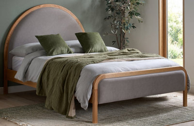 Save On Goods UK 4Ft6 Double Round Shape Grey Velour Fabric Upholstered Oak Wood Bed Frame Bedstead - image 1