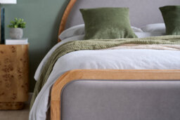Save On Goods UK 4Ft6 Double Round Shape Grey Velour Fabric Upholstered Oak Wood Bed Frame Bedstead - thumbnail 5