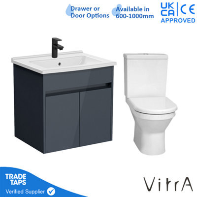Vitra 600mm Wall Hung Bathroom Vanity Unit With 2 Doors Includes Basin, Black Tap And Close Coupled Toilet Set - Grey Gloss - image 1