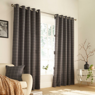 furn. Furn Ellis Check Room Darkening Eyelet Curtain Pair Grey (W)168Cm X (D)183Cm - image 1