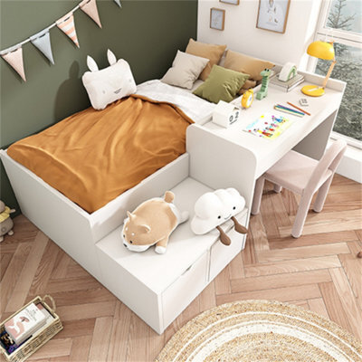 Abrihome Kids Single Bed With Desk And Drawers, 90 X190 Cm, White, 3Ft Kids Wooden Bed With Storage And Slatted Frame, (No Mattress) - image 1
