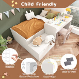 Abrihome Kids Single Bed With Desk And Drawers, 90 X190 Cm, White, 3Ft Kids Wooden Bed With Storage And Slatted Frame, (No Mattress) - thumbnail 3