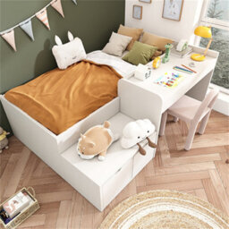 Abrihome Kids Single Bed With Desk And Drawers, 90 X190 Cm, White, 3Ft Kids Wooden Bed With Storage And Slatted Frame, (No Mattress) - thumbnail 1