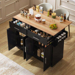 Btm Kitchen Island On Wheels Drop Leaf Serving Trolley With Storage Interchangeable Wheels And Solid Wood Feet - thumbnail 2