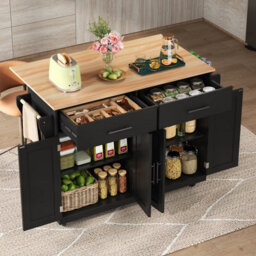 Btm Kitchen Island On Wheels Drop Leaf Serving Trolley With Storage Interchangeable Wheels And Solid Wood Feet - thumbnail 3