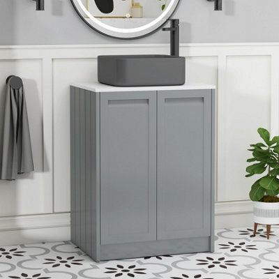 Royal Bathrooms Royal Bathroom Elmore 600mm Matt Pebble Grey Freestanding Bathroom Vanity Unit 2 Door Plain White Worktop With Art Square Basin - image 1