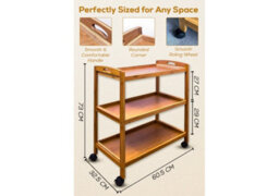 Hygrad Built to Survive Bamboo 3 Tier Kitchen Storage Rack Serving Trolley Island Cart With Wheels, Kitchen Cart, Storage Shelf With Lockable Castors - thumbnail 5