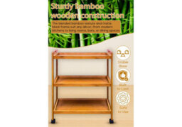 Hygrad Built to Survive Bamboo 3 Tier Kitchen Storage Rack Serving Trolley Island Cart With Wheels, Kitchen Cart, Storage Shelf With Lockable Castors - thumbnail 4