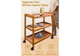 Hygrad Built to Survive Bamboo 3 Tier Kitchen Storage Rack Serving Trolley Island Cart With Wheels, Kitchen Cart, Storage Shelf With Lockable Castors - thumbnail 6