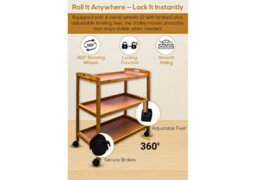 Hygrad Built to Survive Bamboo 3 Tier Kitchen Storage Rack Serving Trolley Island Cart With Wheels, Kitchen Cart, Storage Shelf With Lockable Castors - thumbnail 3