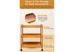 Hygrad Built to Survive Bamboo 3 Tier Kitchen Storage Rack Serving Trolley Island Cart With Wheels, Kitchen Cart, Storage Shelf With Lockable Castors - thumbnail 2