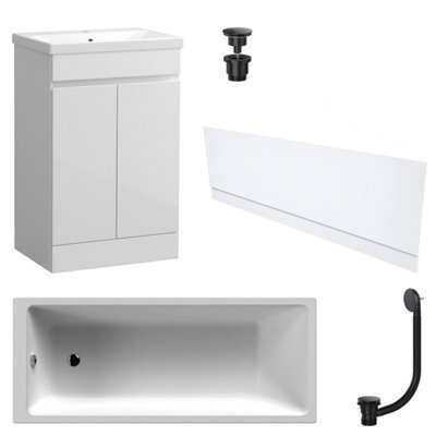 FNX Bathrooms Waterproof 600mm Vanity Unit With Single Ended Bath Gloss White Front Panel Matt Black Bath & Universal Basin Waste Set - image 1