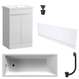 FNX Bathrooms Waterproof 600mm Vanity Unit With Single Ended Bath Gloss White Front Panel Matt Black Bath & Universal Basin Waste Set - thumbnail 1